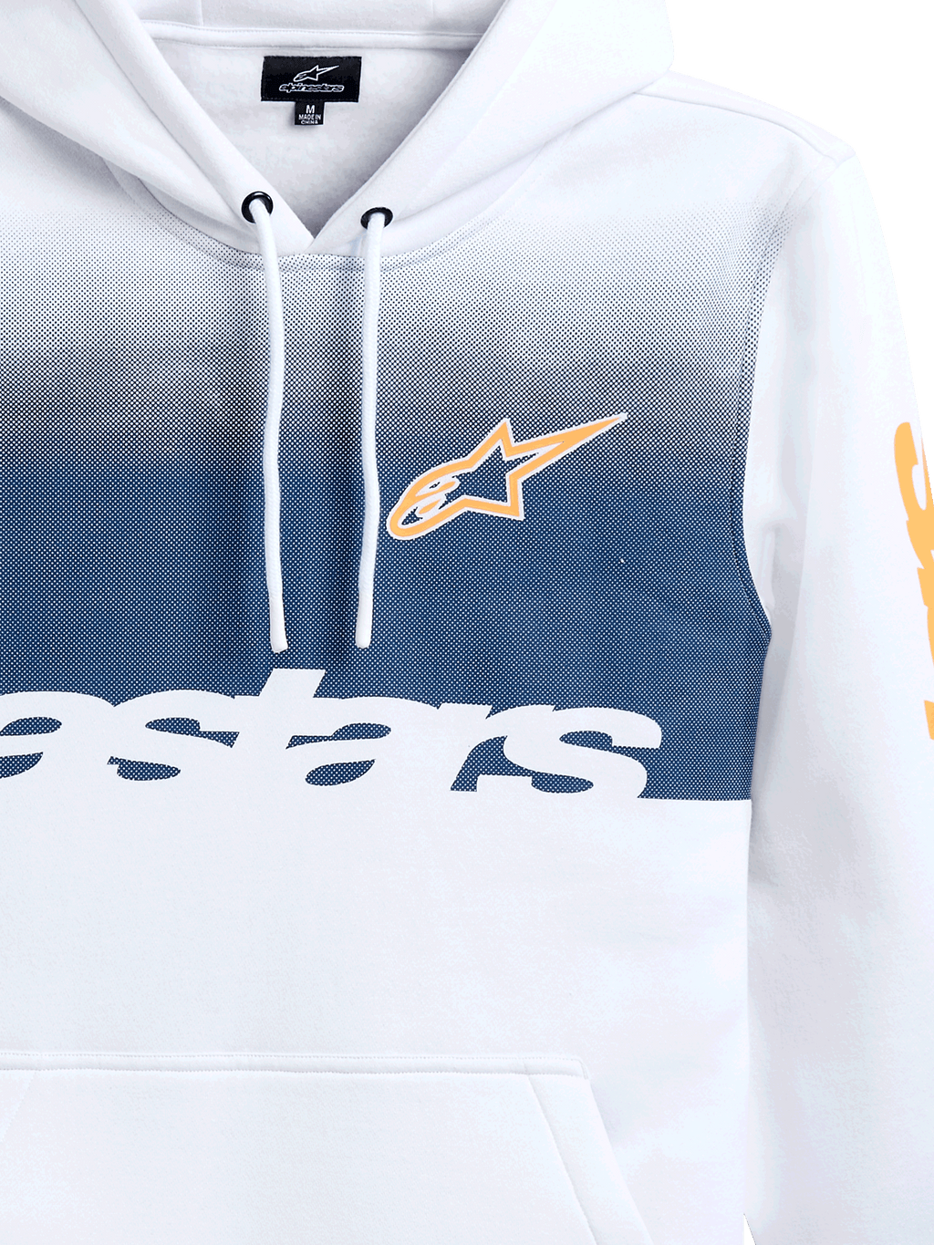 Alpinestars Specter Hoodie, branco com impressão em degradê azul-marinho, apresentando o logótipo de estrela Alpinestars em laranja e marca nominativa em branco, hoodie casual de lã de estilo streetwear inspirado no desporto motorizado com capuz de cordão