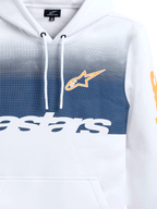 Alpinestars Specter Hoodie, branco com impressão em degradê azul-marinho, apresentando o logótipo de estrela Alpinestars em laranja e marca nominativa em branco, hoodie casual de lã de estilo streetwear inspirado no desporto motorizado com capuz de cordão