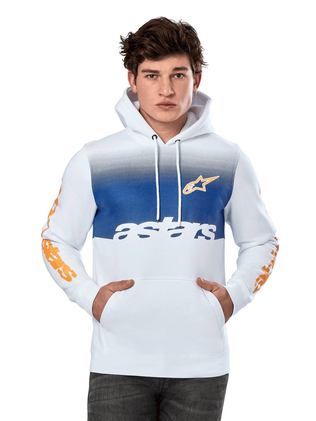Alpinestars Specter Hoodie, branco com painel no peito em degradê azul, logótipo de estrela laranja e inscrições nas mangas, texto "astars" branco, bolso canguru frontal, capuz com cordão, streetwear casual de desportos motorizados