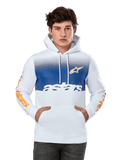 Alpinestars Specter Hoodie, branco com painel no peito em degradê azul, logótipo de estrela laranja e inscrições nas mangas, texto "astars" branco, bolso canguru frontal, capuz com cordão, streetwear casual de desportos motorizados