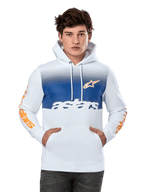 Alpinestars Specter Hoodie, branco com painel no peito em degradê azul, logótipo de estrela laranja e inscrições nas mangas, texto "astars" branco, bolso canguru frontal, capuz com cordão, streetwear casual de desportos motorizados
