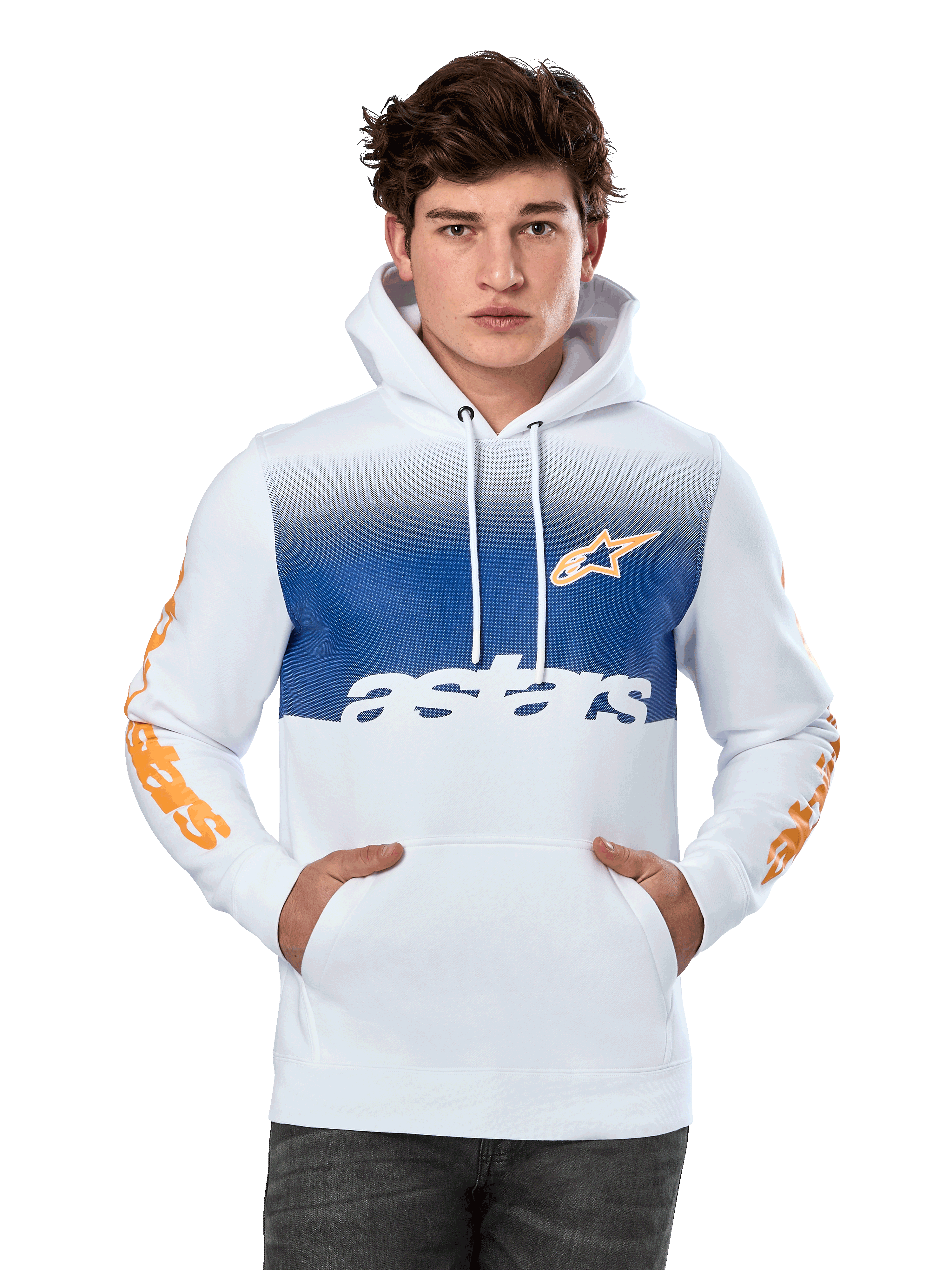 Alpinestars Specter Hoodie, branco com painel no peito em degradê azul, logótipo de estrela laranja e inscrições nas mangas, texto "astars" branco, bolso canguru frontal, capuz com cordão, streetwear casual de desportos motorizados