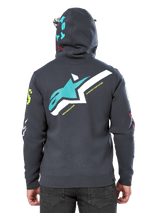 Alpinestars Variegate Hoodie, back view, Gunmetal Gray, features large teal and white Astars logo on back with 'New Innovation' text, teal 'Astars' graphic on hood, colorful sleeve logos, casual motorsport streetwear