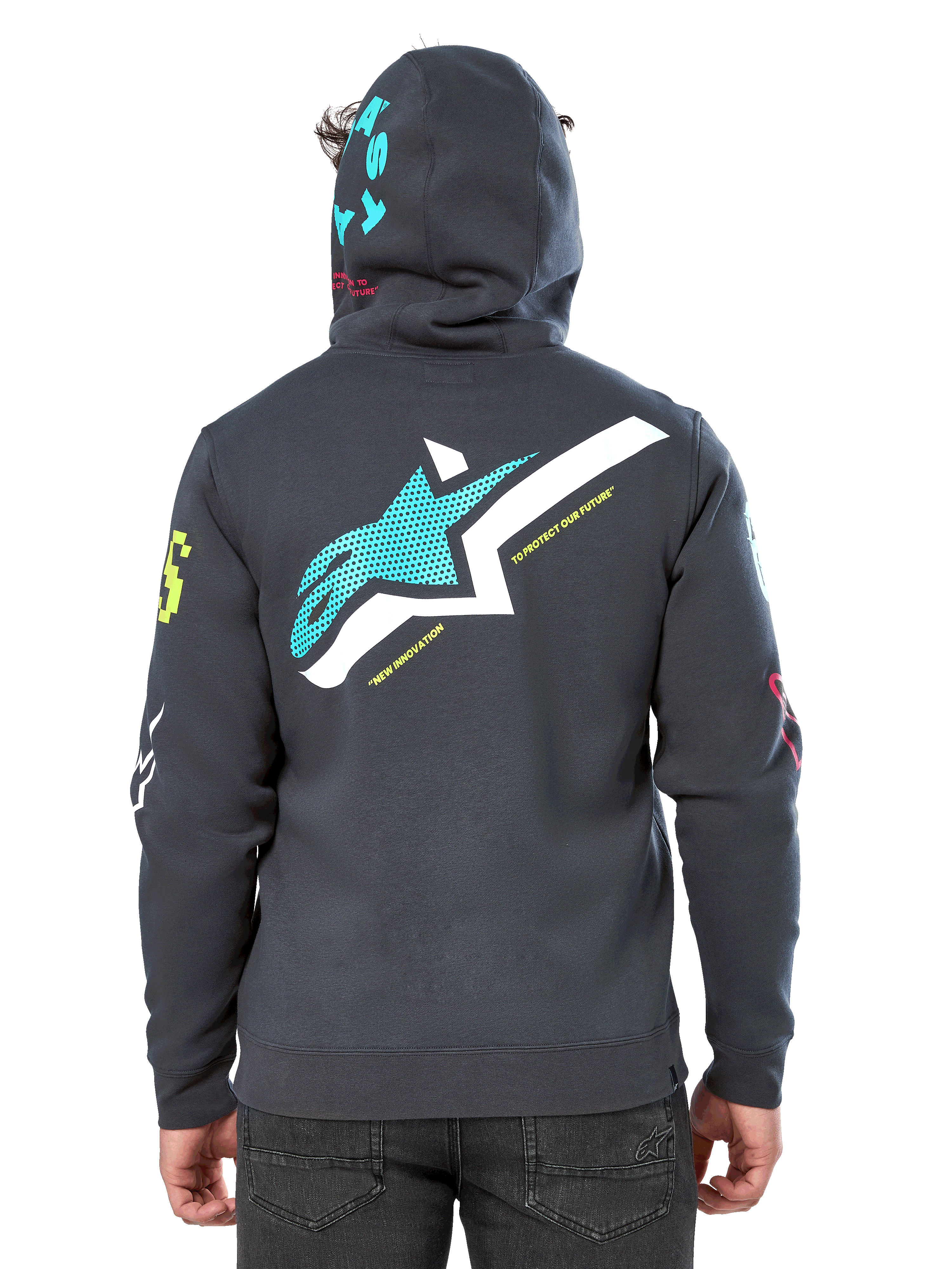 Alpinestars Variegate Hoodie, back view, Gunmetal Gray, features large teal and white Astars logo on back with 'New Innovation' text, teal 'Astars' graphic on hood, colorful sleeve logos, casual motorsport streetwear