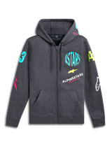 Alpinestars Variegate Hoodie, zip-front fleece hoodie, Gunmetal Gray, vibrant neon logos on chest and sleeves, kangaroo pocket, drawstring hood, casual motorsport-inspired streetwear