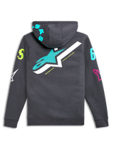 Alpinestars Variegate Hoodie, back view, gunmetal gray with large teal and white star logo, vibrant multi-colored graphic logos on sleeves and hood, casual motorsport-inspired streetwear