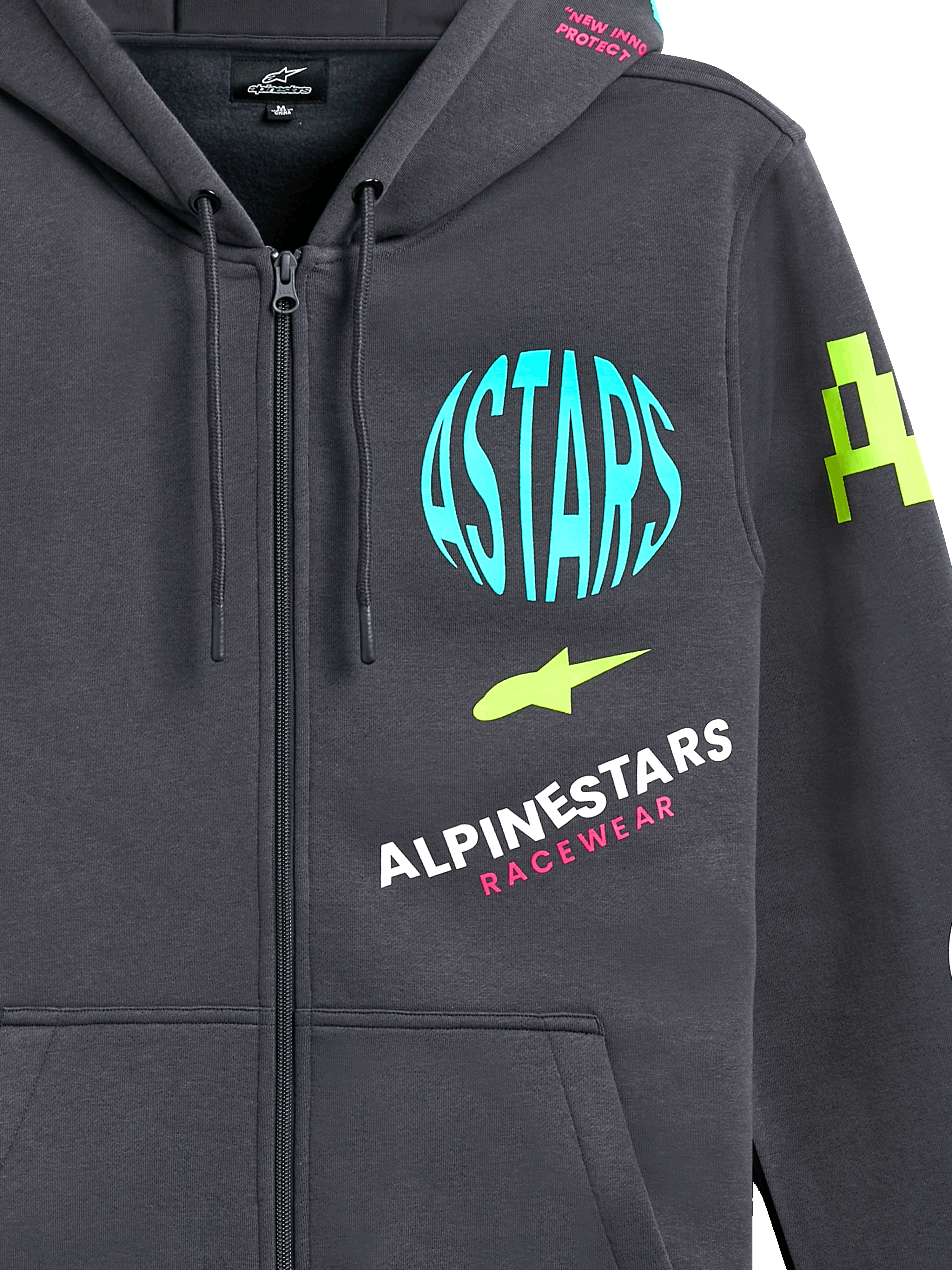 Alpinestars Variegate Hoodie, zip-front fleece hoodie, Gunmetal Gray with multi-colored logo graphics, featuring light blue ASTARS circle, lime green accents, and pink lettering, casual motorsport streetwear
