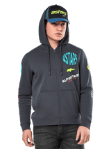 Alpinestars Variegate Hoodie, Zip-front fleece hoodie, Gunmetal gray with multi-color logo graphics on chest and sleeves, worn by model with matching cap, casual streetwear with kangaroo pockets and full-length zipper