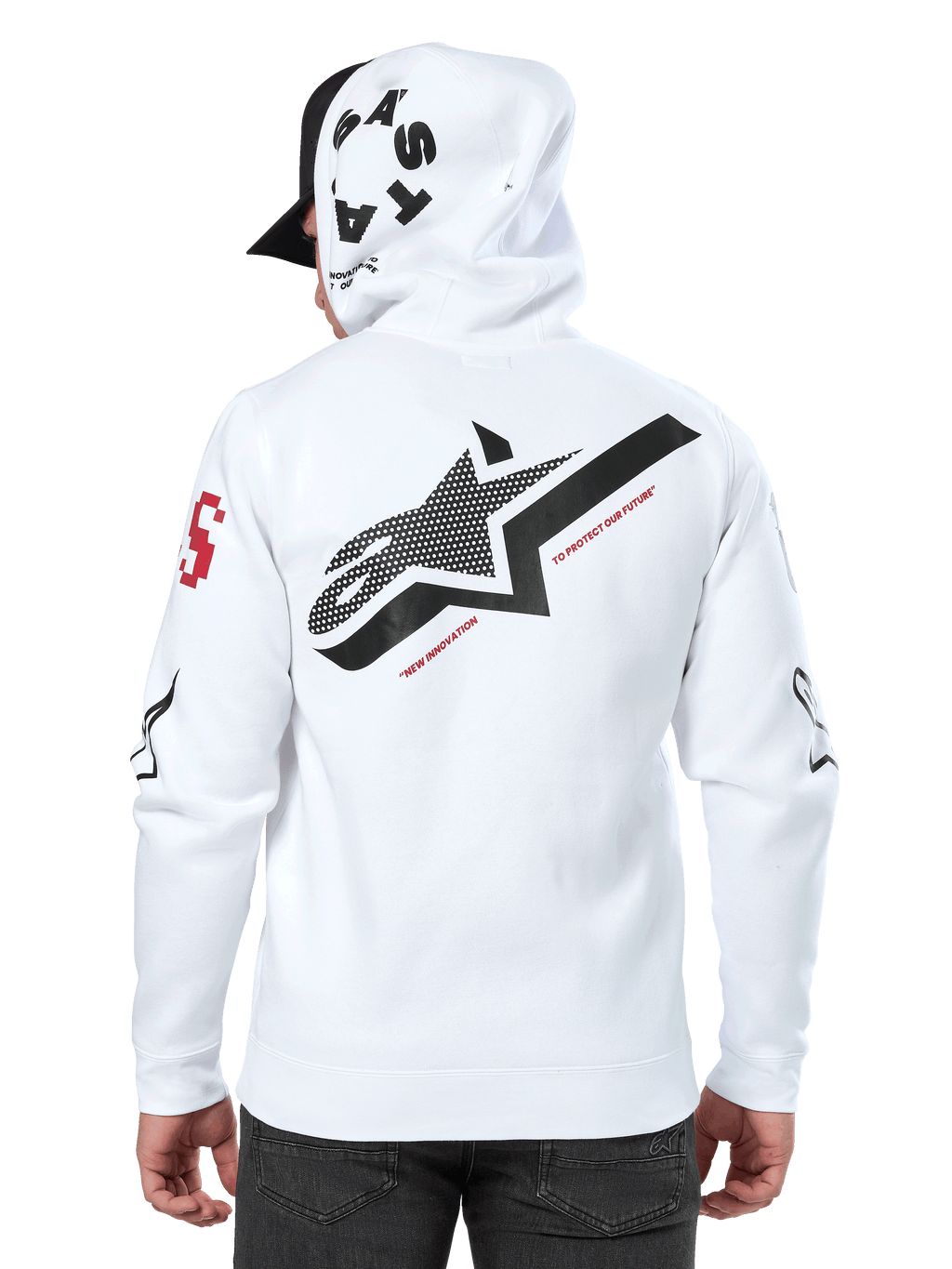 Alpinestars Variegate Hoodie, branco, vista traseira com um logótipo de estrela preto grande e texto vermelho, arte com múltiplos logótipos nas mangas e no capuz, streetwear casual de desportos motorizados