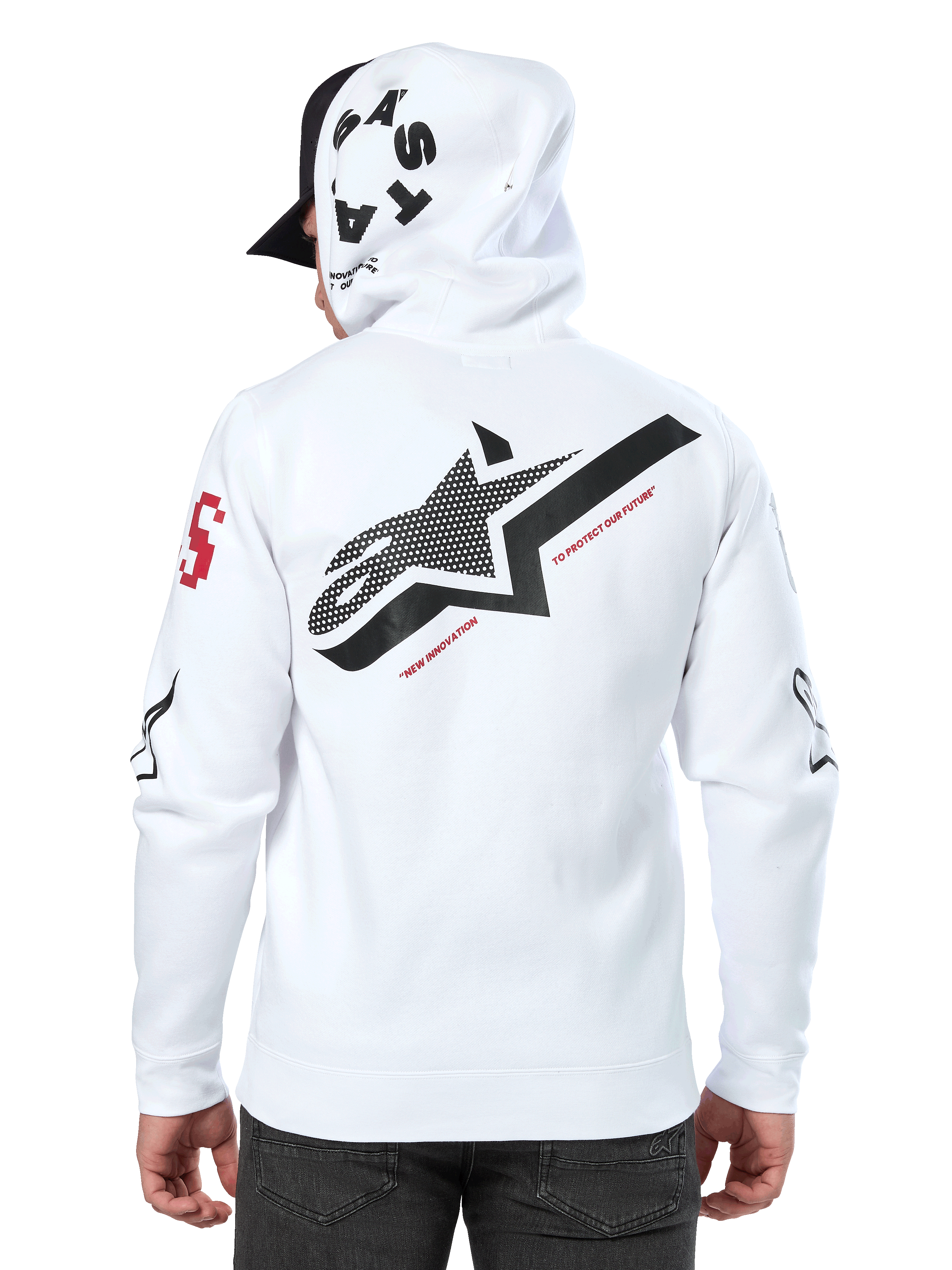 Alpinestars Variegate Hoodie, branco, vista traseira com um logótipo de estrela preto grande e texto vermelho, arte com múltiplos logótipos nas mangas e no capuz, streetwear casual de desportos motorizados