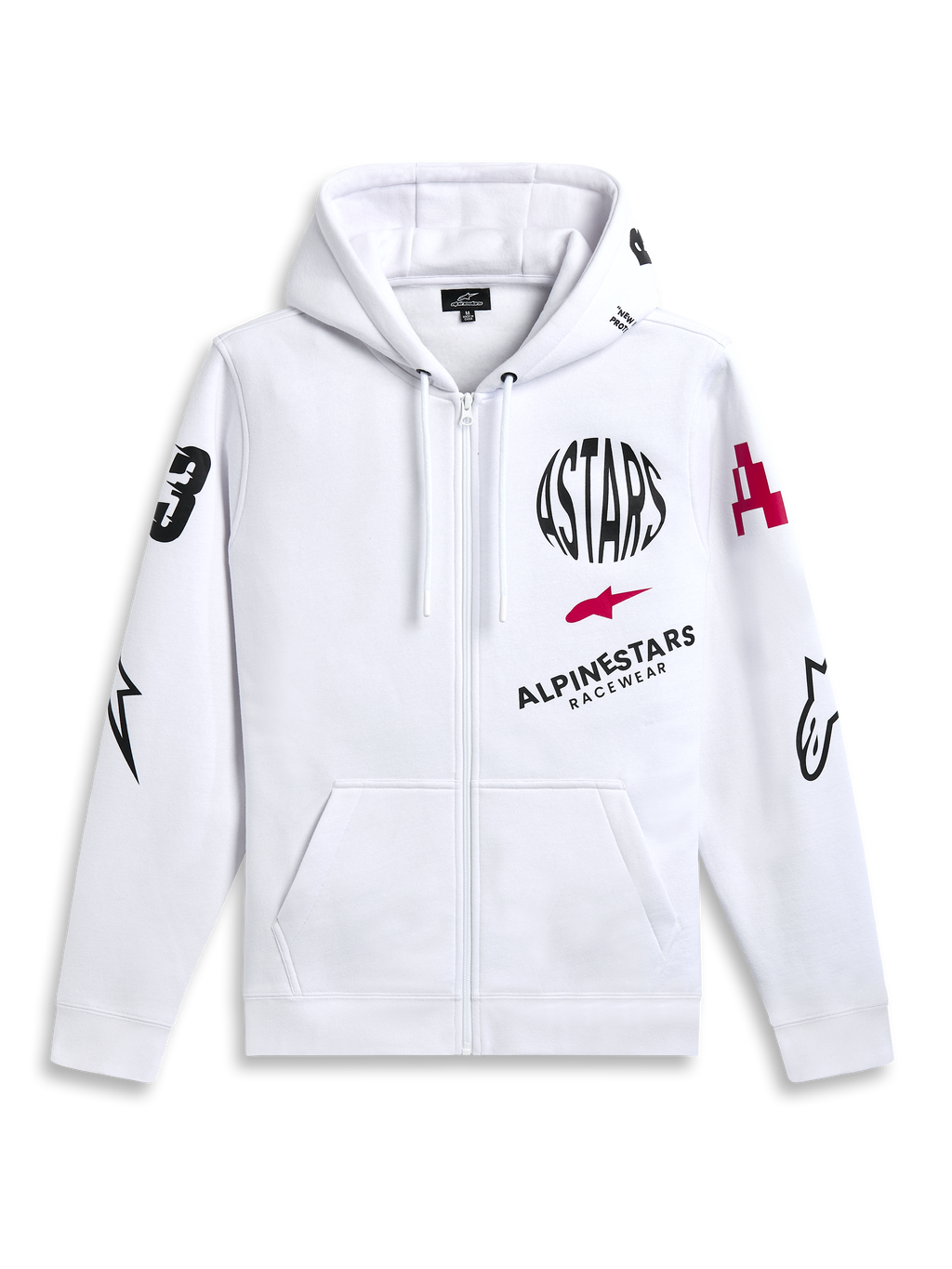 Alpinestars Variegate Hoodie, hoodie de lã com fecho frontal, branco, arte com múltiplos logótipos incluindo texto circular ASTARS a preto e logótipo de estrela vermelha no peito, gráficos nas mangas, bolsos canguru e capuz com cordão, casual motorsport streetwear