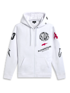 Alpinestars Variegate Hoodie, hoodie de lã com fecho frontal, branco, arte com múltiplos logótipos incluindo texto circular ASTARS a preto e logótipo de estrela vermelha no peito, gráficos nas mangas, bolsos canguru e capuz com cordão, casual motorsport streetwear