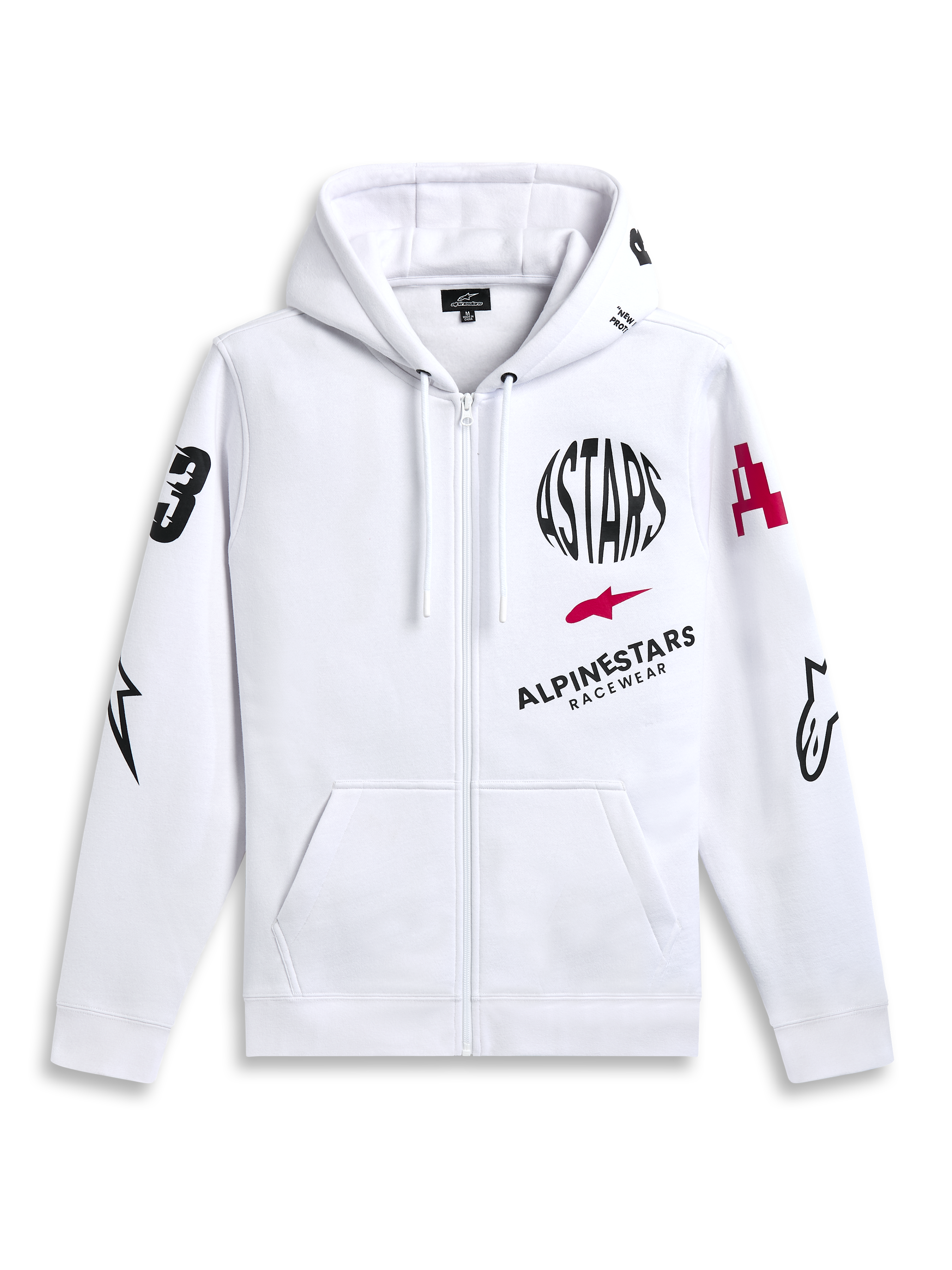 Alpinestars Variegate Hoodie, hoodie de lã com fecho frontal, branco, arte com múltiplos logótipos incluindo texto circular ASTARS a preto e logótipo de estrela vermelha no peito, gráficos nas mangas, bolsos canguru e capuz com cordão, casual motorsport streetwear