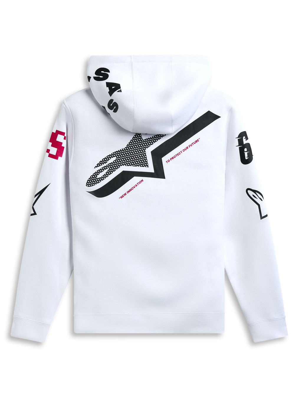 Alpinestars Variegate Hoodie, branco, vista traseira com um grande logótipo de estrela preto e texto "New Innovation" a vermelho, arte com múltiplos logótipos nas mangas e capuz, streetwear casual inspirado no desporto motorizado