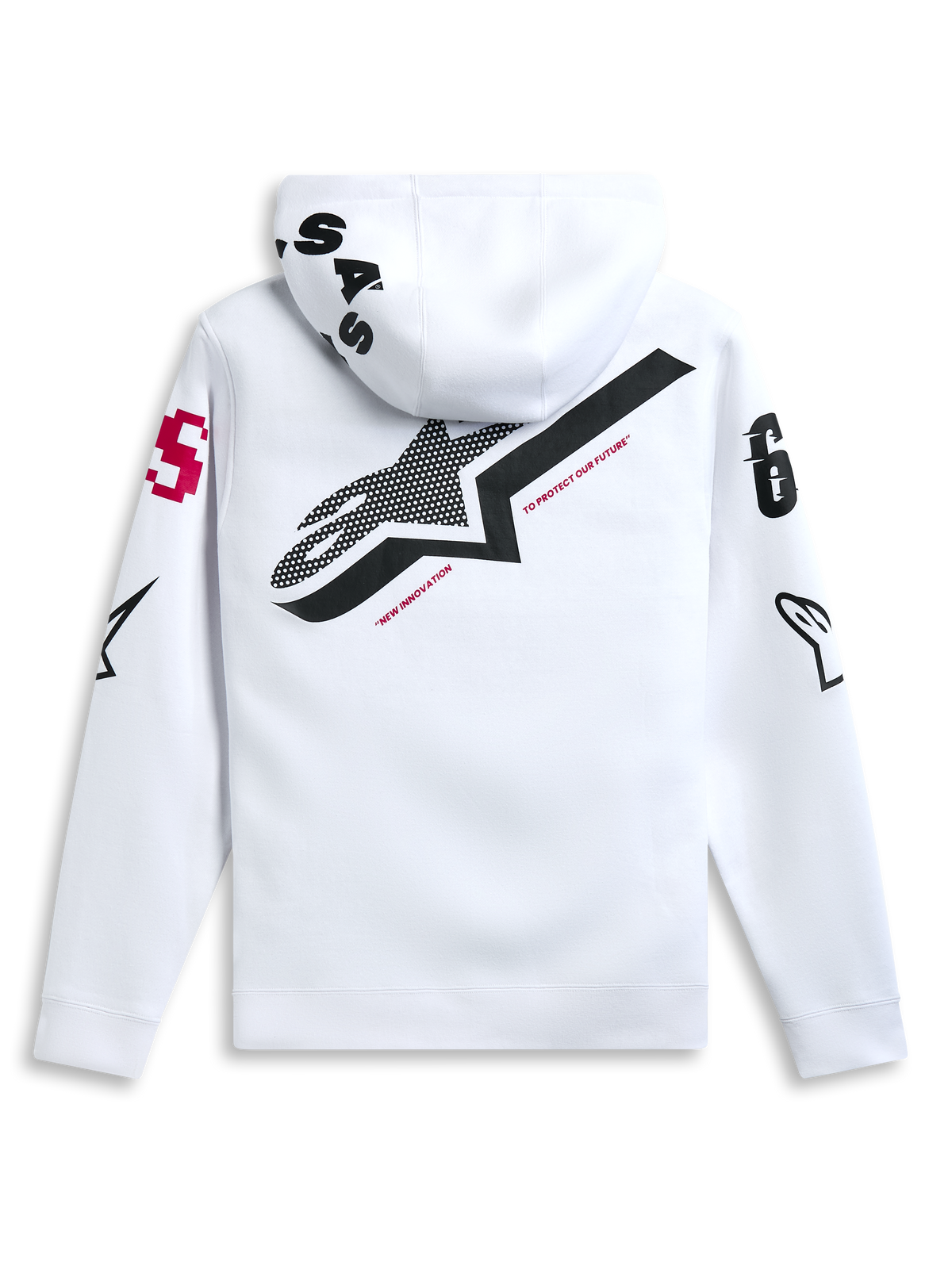 Alpinestars Variegate Hoodie, branco, vista traseira com um grande logótipo de estrela preto e texto "New Innovation" a vermelho, arte com múltiplos logótipos nas mangas e capuz, streetwear casual inspirado no desporto motorizado