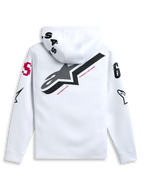 Alpinestars Variegate Hoodie, branco, vista traseira com um grande logótipo de estrela preto e texto "New Innovation" a vermelho, arte com múltiplos logótipos nas mangas e capuz, streetwear casual inspirado no desporto motorizado