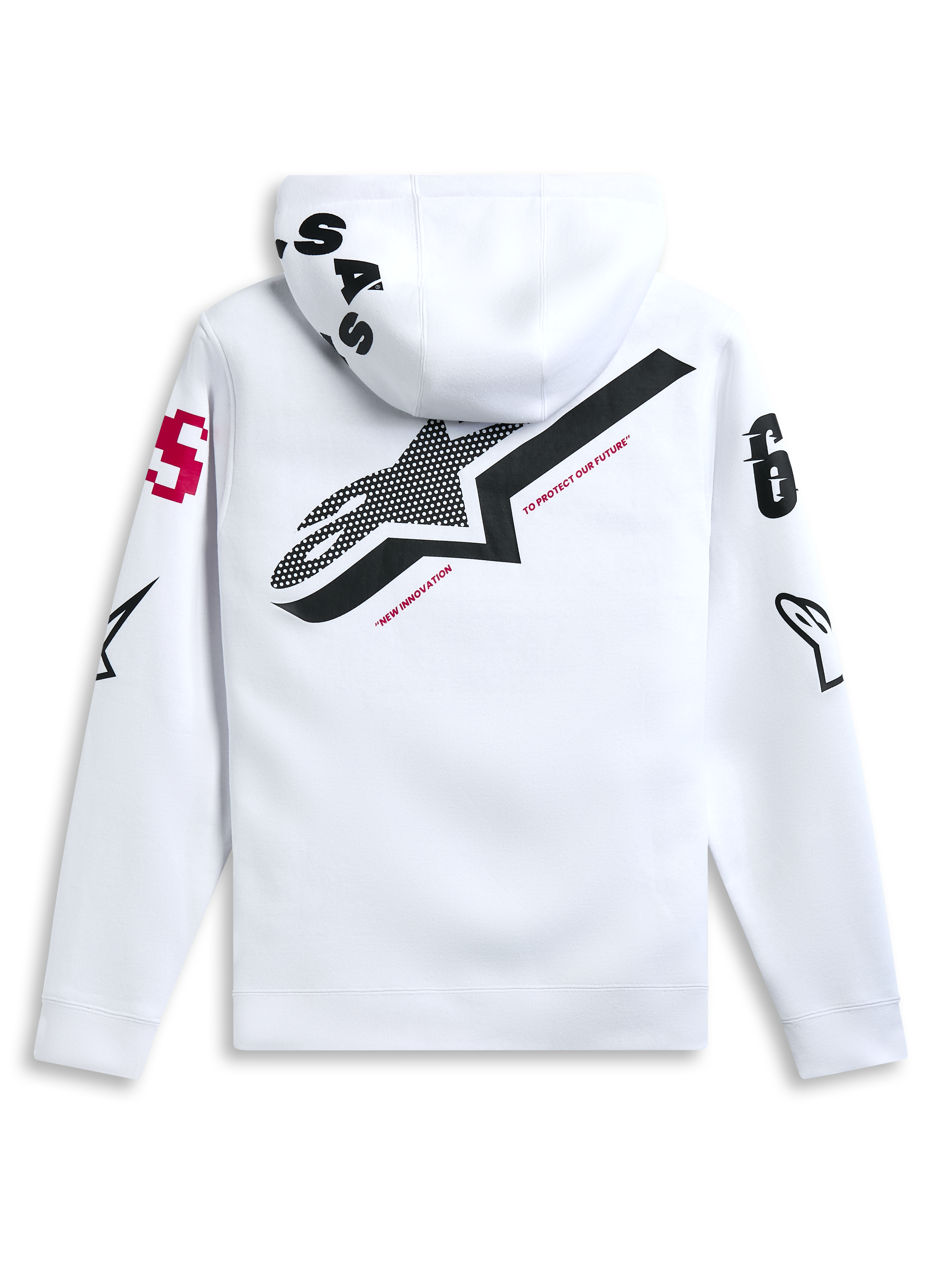Alpinestars Variegate Hoodie, branco, vista traseira com um grande logótipo de estrela preto e texto "New Innovation" a vermelho, arte com múltiplos logótipos nas mangas e capuz, streetwear casual inspirado no desporto motorizado