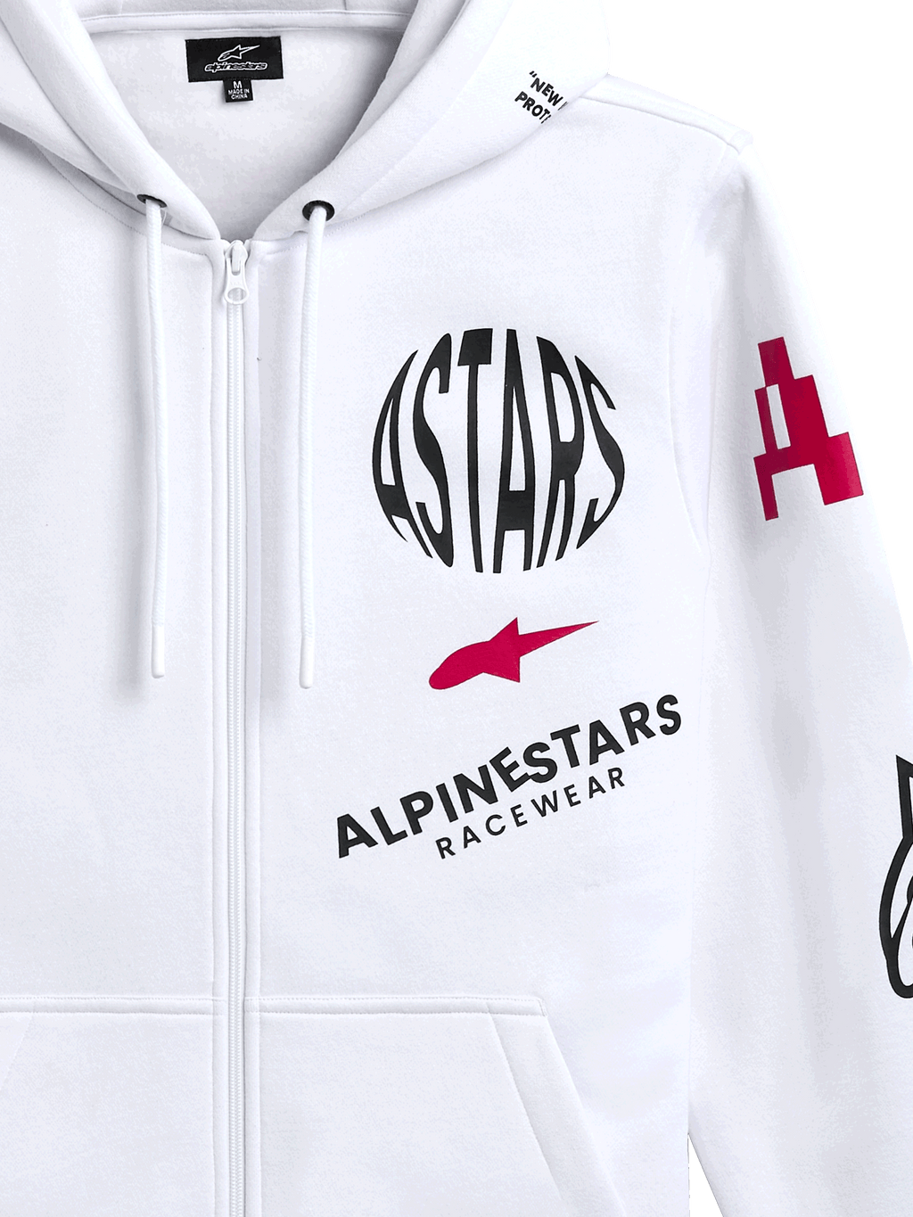 Alpinestars Variegate Hoodie, hoodie de lã branco com fecho de correr frontal, com logótipo circular ASTARS preto, símbolo de estrela vermelho e marca Alpinestars Racewear no peito, streetwear casual de desporto motorizado