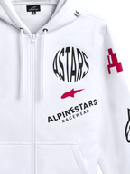 Alpinestars Variegate Hoodie, hoodie de lã branco com fecho de correr frontal, com logótipo circular ASTARS preto, símbolo de estrela vermelho e marca Alpinestars Racewear no peito, streetwear casual de desporto motorizado