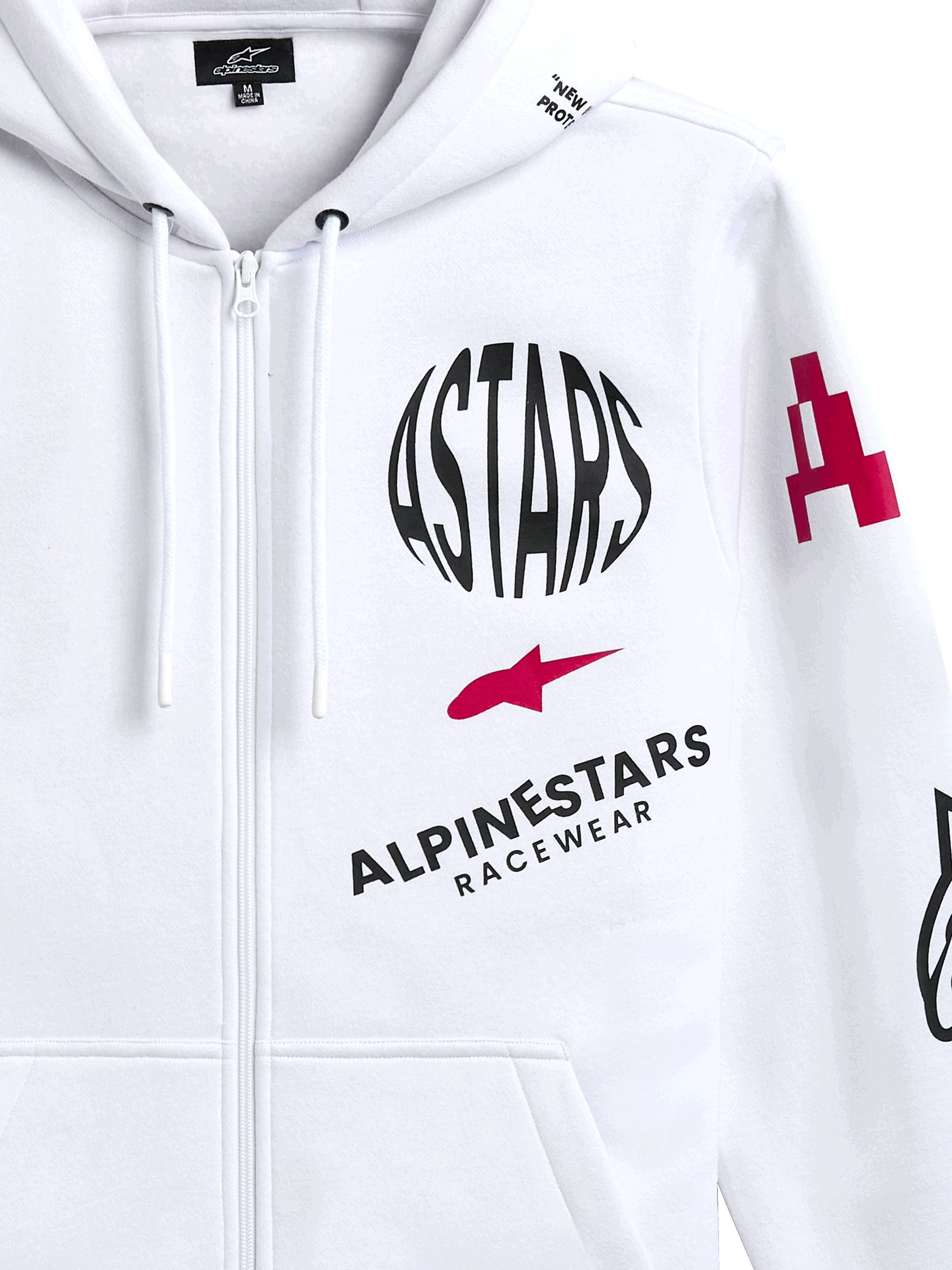 Alpinestars Variegate Hoodie, hoodie de lã branco com fecho de correr frontal, com logótipo circular ASTARS preto, símbolo de estrela vermelho e marca Alpinestars Racewear no peito, streetwear casual de desporto motorizado
