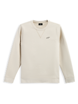 Alpinestars Positive Crew, camisola de gola redonda, Off White, pequeno logótipo Alpinestars preto no peito, gola canelada com detalhe de costura em V, punhos e bainha canelados, streetwear casual inspirado no desporto motorizado