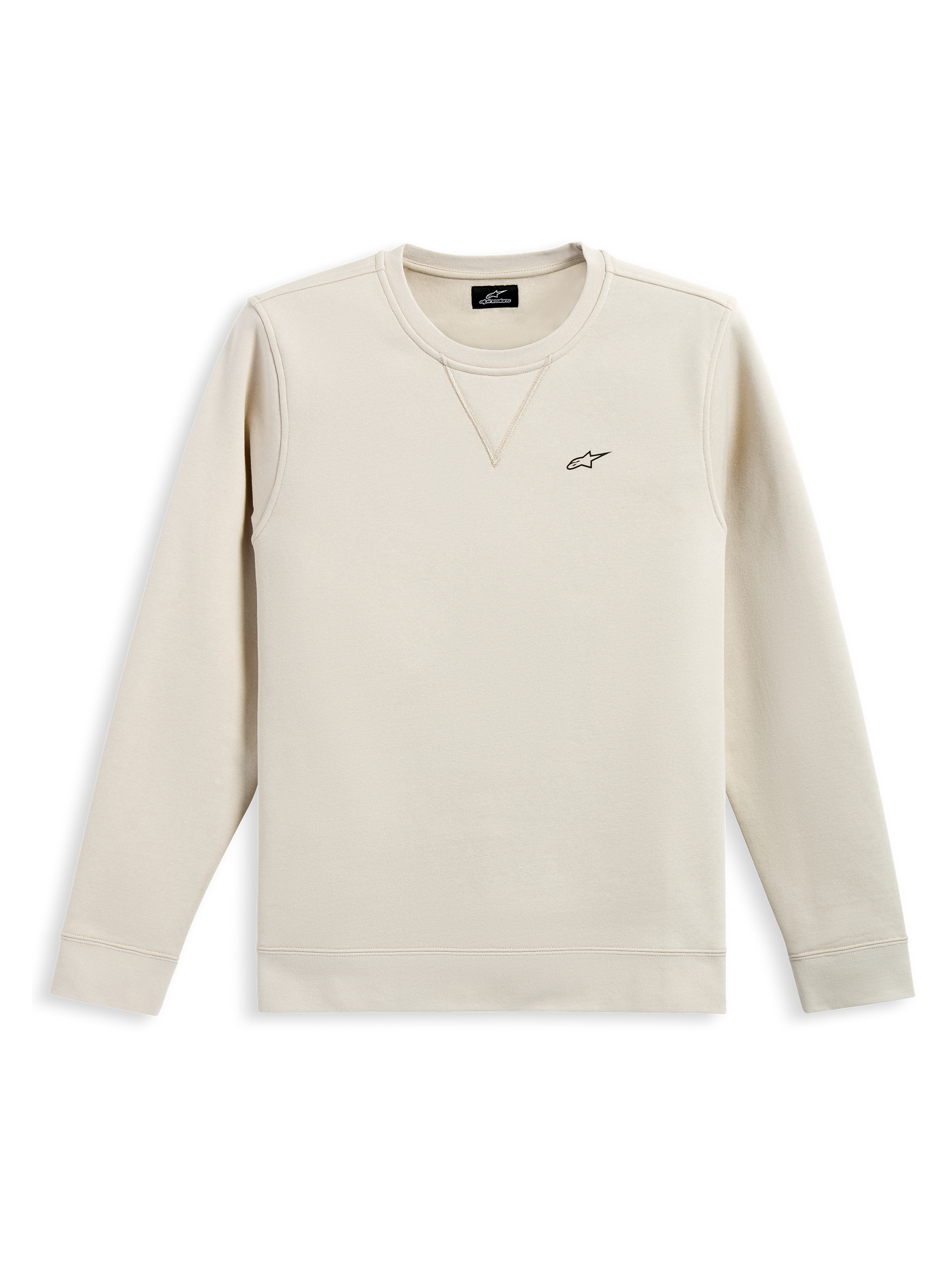 Alpinestars Positive Crew, camisola de gola redonda, Off White, pequeno logótipo Alpinestars preto no peito, gola canelada com detalhe de costura em V, punhos e bainha canelados, streetwear casual inspirado no desporto motorizado