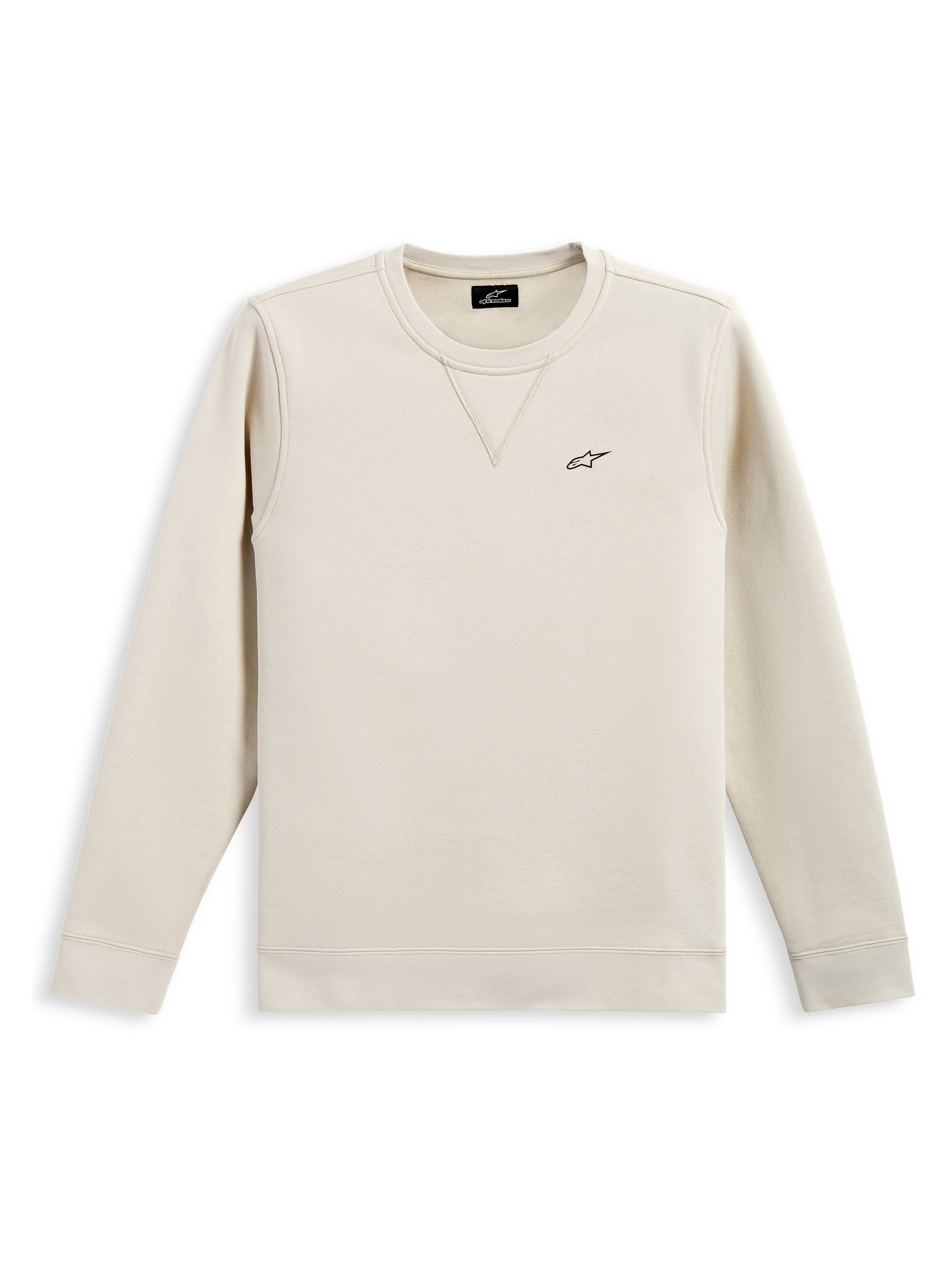 Alpinestars Positive Crew, crewneck sweatshirt, Off White, small black Alpinestars logo on the chest, ribbed collar with V-stitch detail, ribbed cuffs and hem, casual motorsport-inspired streetwear