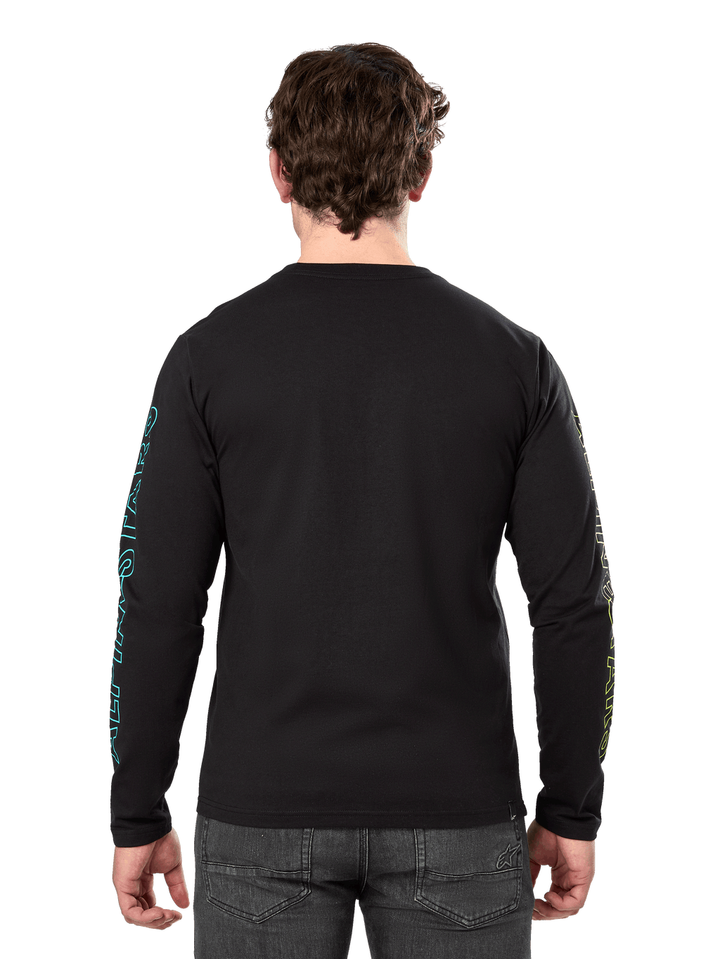 Alpinestars Ayess Csf Tee, t-shirt de manga comprida, preta, vista traseira com gráficos impressos em azul e amarelo nas mangas, streetwear casual de desportos motorizados