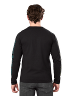 Alpinestars Ayess Csf Tee, t-shirt de manga comprida, preta, vista traseira com gráficos impressos em azul e amarelo nas mangas, streetwear casual de desportos motorizados