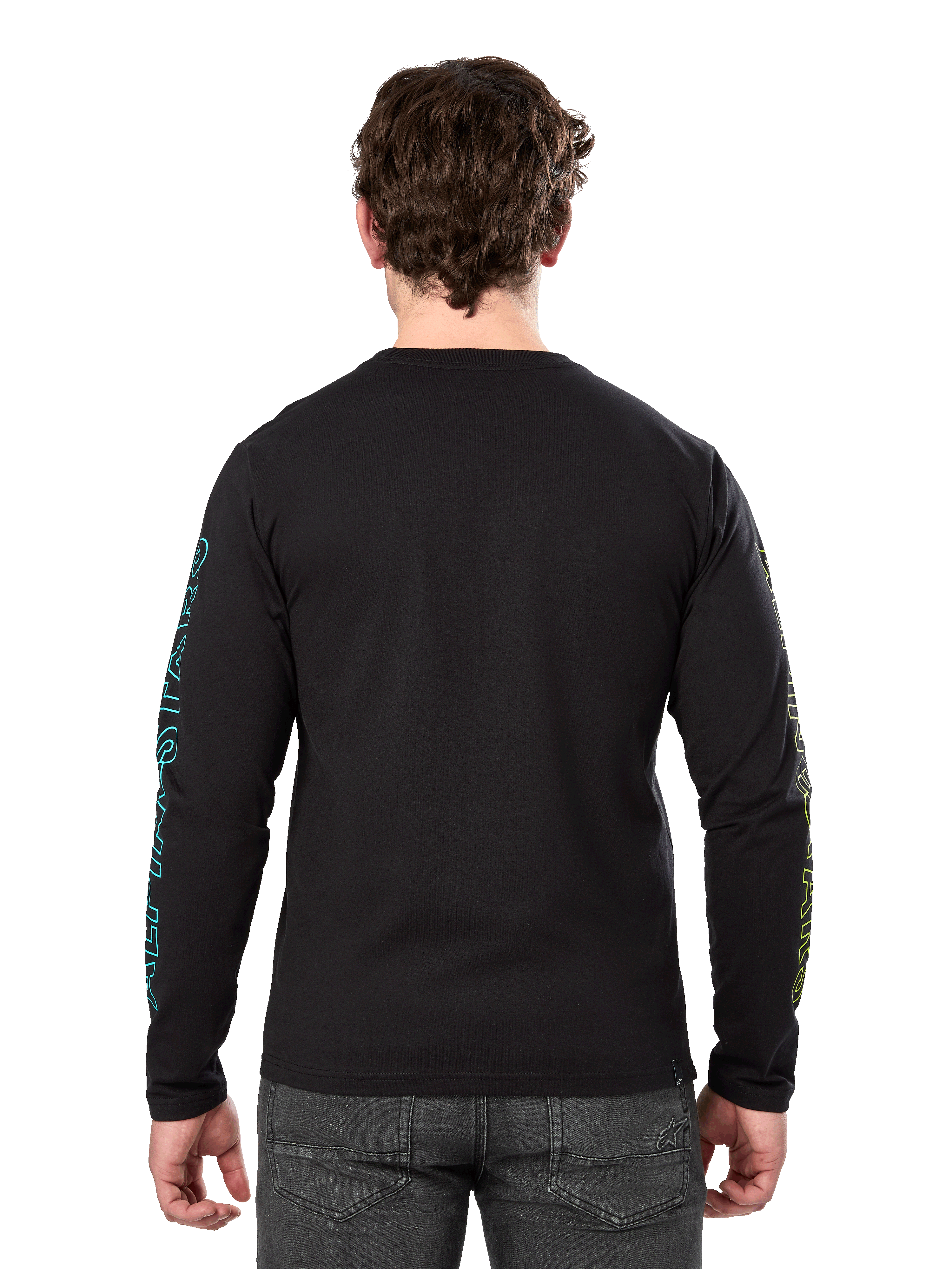 Alpinestars Ayess Csf Tee, t-shirt de manga comprida, preta, vista traseira com gráficos impressos em azul e amarelo nas mangas, streetwear casual de desportos motorizados