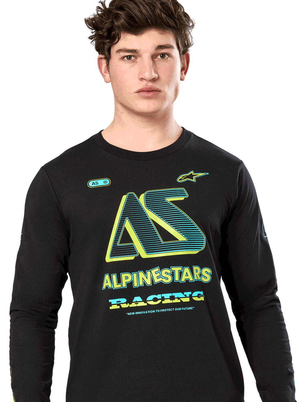 Alpinestars Ayess Csf Tee, t-shirt de manga comprida, preta, grafismo "AS" estilizado com detalhes em amarelo néon e verde-azulado, branding ALPINESTARS RACING, vestuário casual motorsport