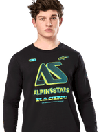 Alpinestars Ayess Csf Tee, t-shirt de manga comprida, preta, grafismo "AS" estilizado com detalhes em amarelo néon e verde-azulado, branding ALPINESTARS RACING, vestuário casual motorsport