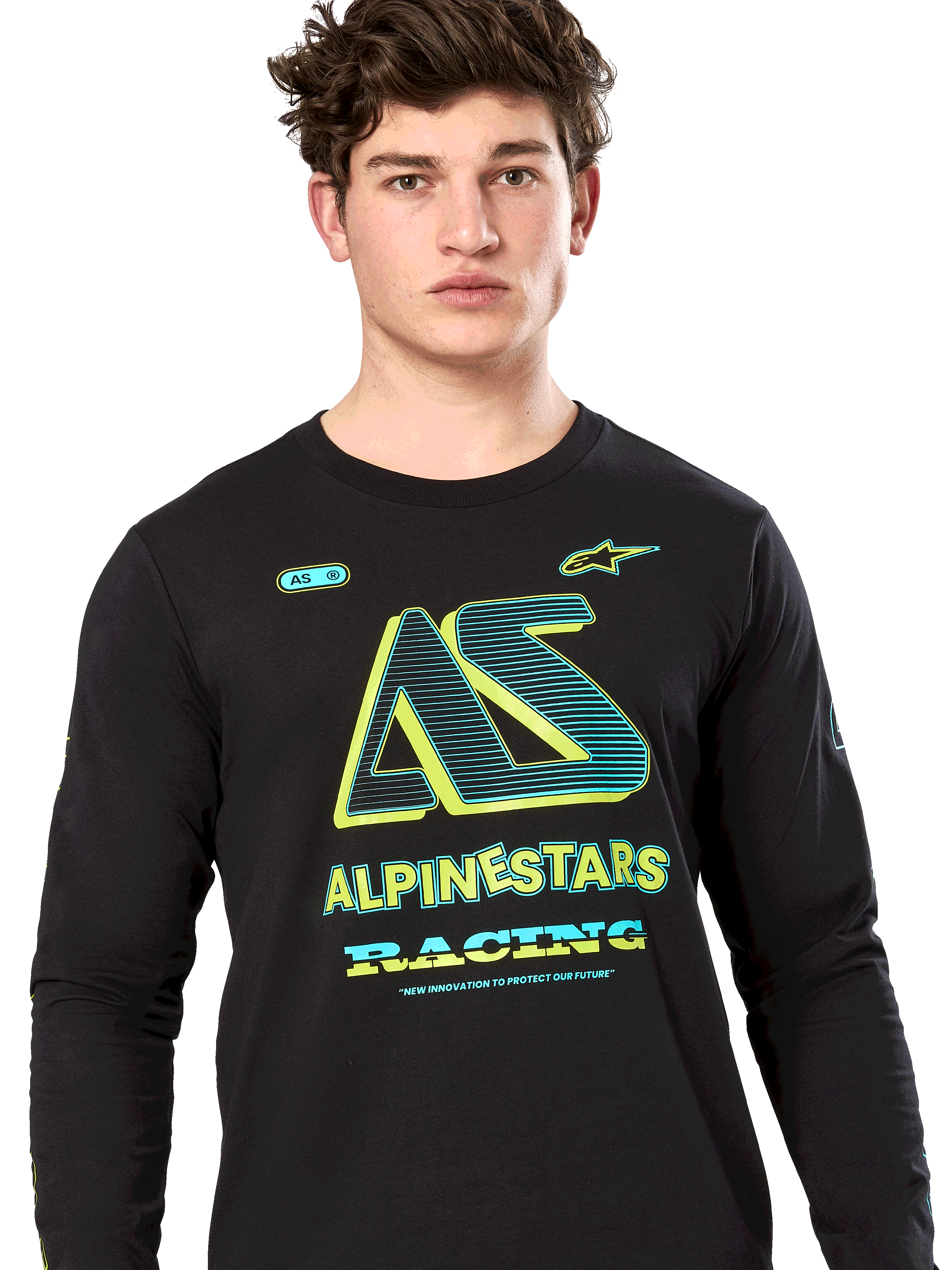 Alpinestars Ayess Csf Tee, t-shirt de manga comprida, preta, grafismo "AS" estilizado com detalhes em amarelo néon e verde-azulado, branding ALPINESTARS RACING, vestuário casual motorsport