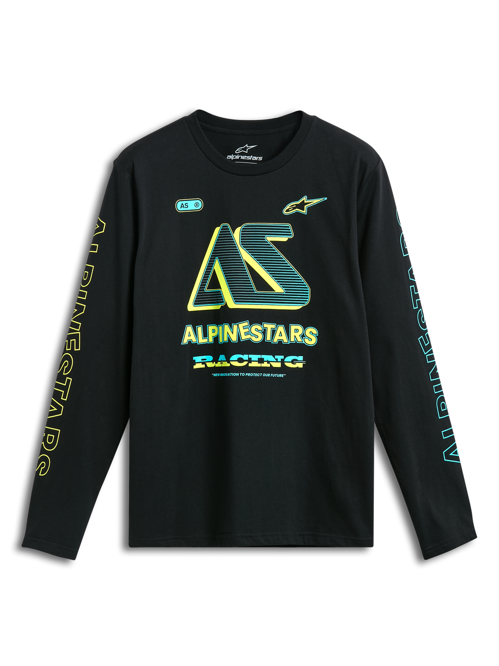 Alpinestars T-shirt Ayess CSF de manga comprida, preta com logótipos amarelos e azuis no peito e nas mangas, casual sportswear