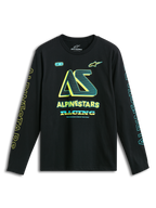 Alpinestars T-shirt Ayess CSF de manga comprida, preta com logótipos amarelos e azuis no peito e nas mangas, casual sportswear
