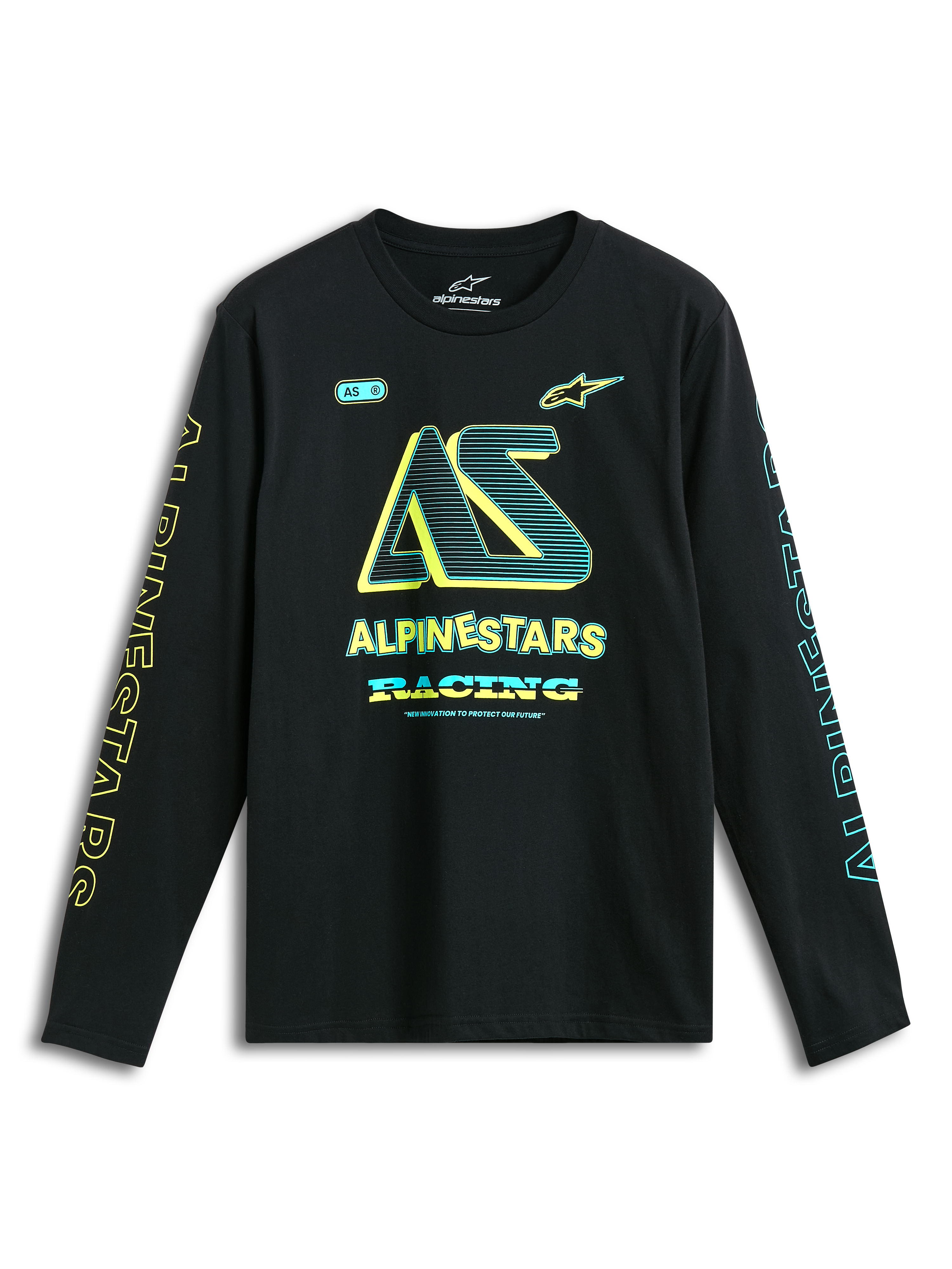 Alpinestars T-shirt Ayess CSF de manga comprida, preta com logótipos amarelos e azuis no peito e nas mangas, casual sportswear