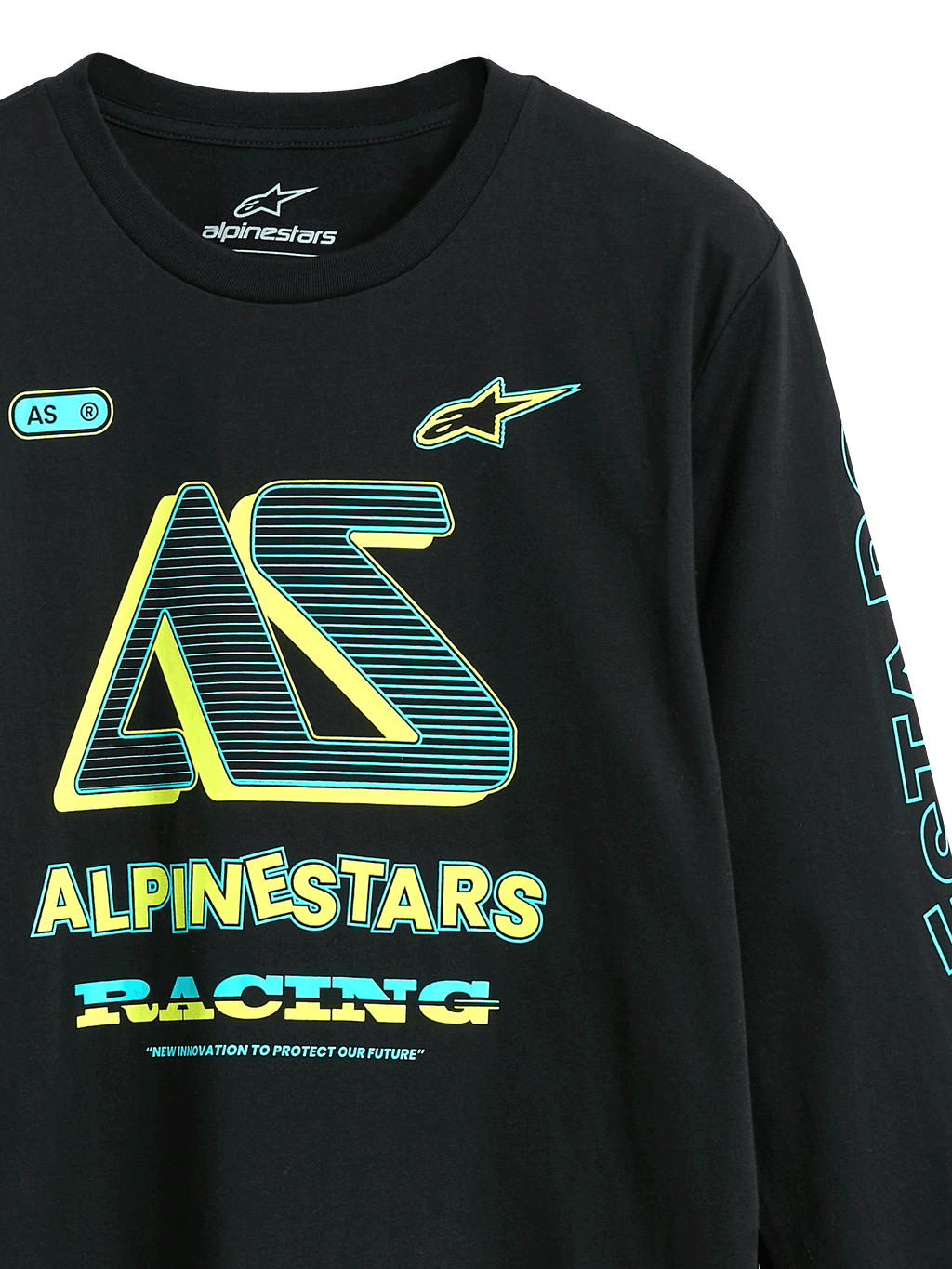 Alpinestars Ayess CSF Tee, t-shirt de manga comprida, preta, grafismos frontais com logótipo 'AS' e 'Alpinestars Racing' em amarelo e ciano, streetwear casual inspirado no desporto motorizado