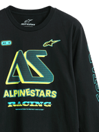Alpinestars Ayess CSF Tee, t-shirt de manga comprida, preta, grafismos frontais com logótipo 'AS' e 'Alpinestars Racing' em amarelo e ciano, streetwear casual inspirado no desporto motorizado