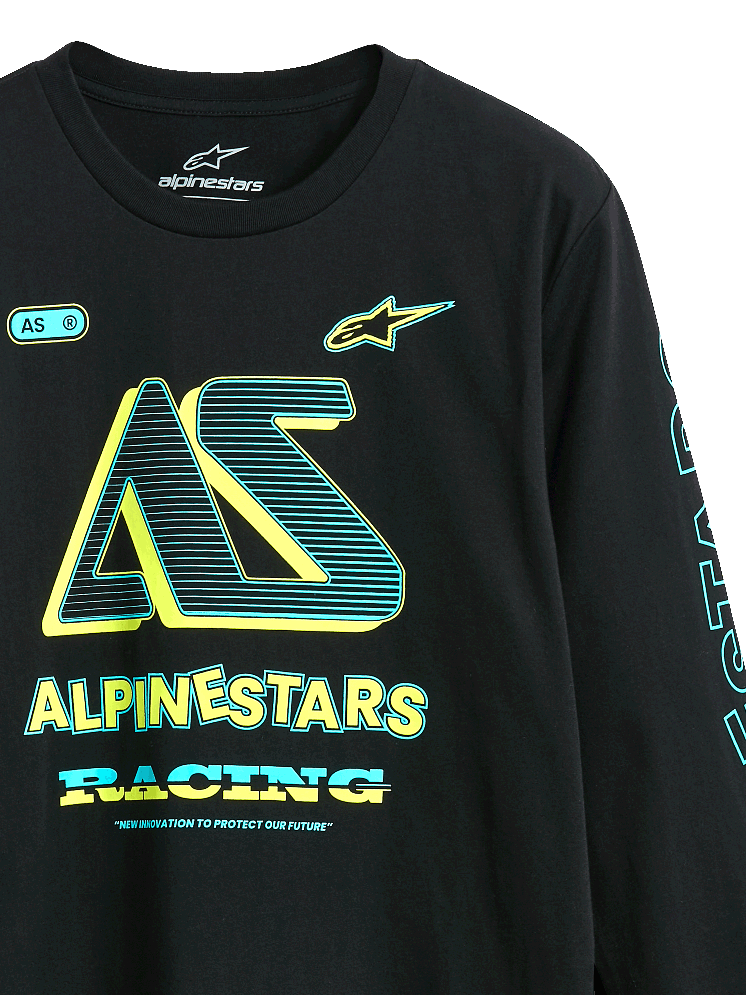 Alpinestars Ayess CSF Tee, t-shirt de manga comprida, preta, grafismos frontais com logótipo 'AS' e 'Alpinestars Racing' em amarelo e ciano, streetwear casual inspirado no desporto motorizado