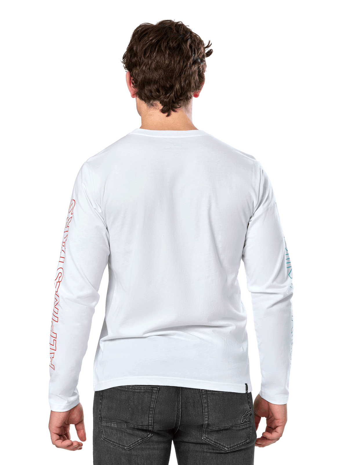 Alpinestars Ayess Csf Tee, T-shirt de manga comprida, branca, vista traseira, com o nome Alpinestars a vermelho na manga direita e grafismos azuis na manga esquerda, streetwear casual inspirado no desporto motorizado