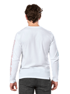 Alpinestars Ayess Csf Tee, T-shirt de manga comprida, branca, vista traseira, com o nome Alpinestars a vermelho na manga direita e grafismos azuis na manga esquerda, streetwear casual inspirado no desporto motorizado