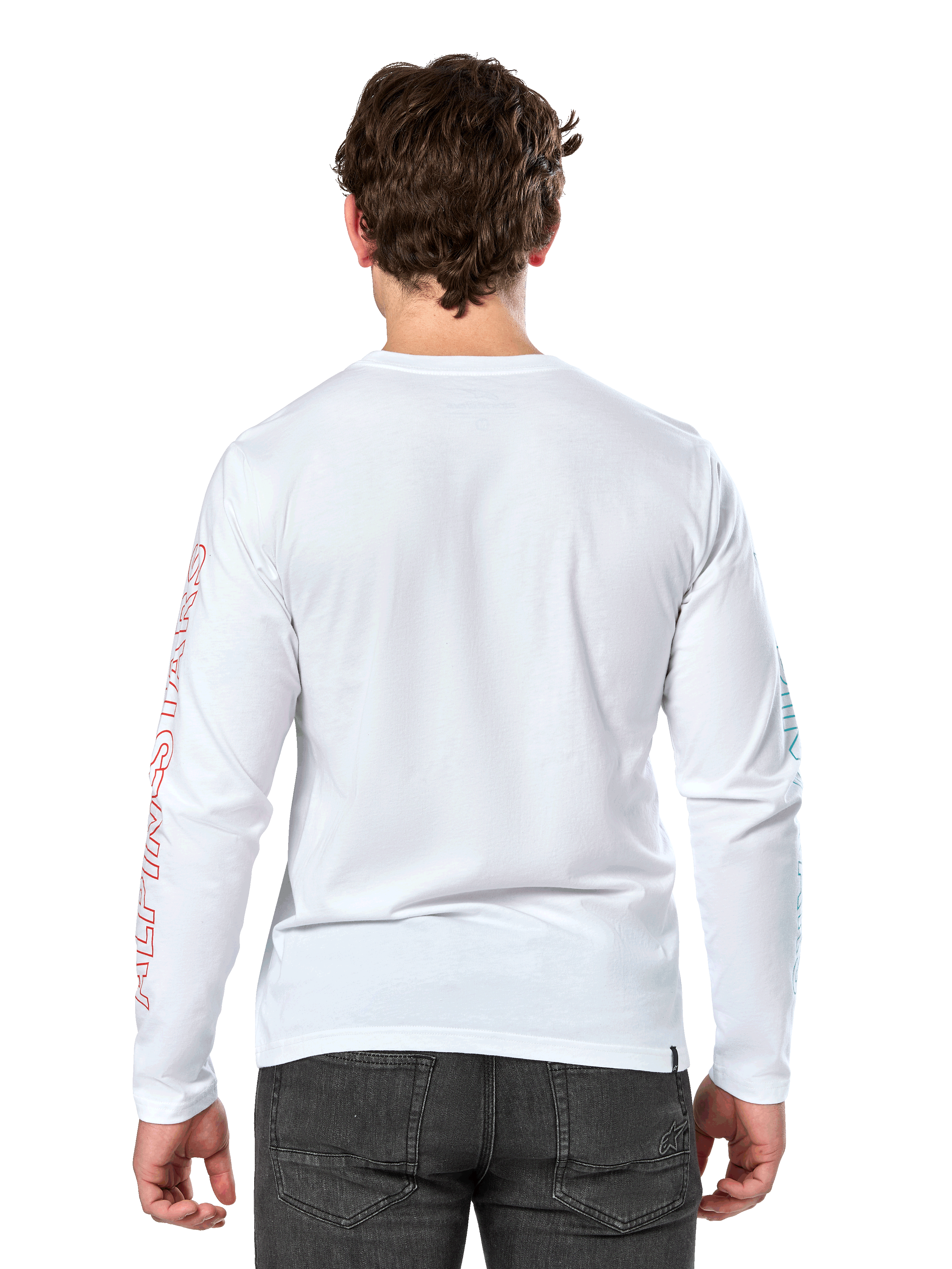Alpinestars Ayess Csf Tee, T-shirt de manga comprida, branca, vista traseira, com o nome Alpinestars a vermelho na manga direita e grafismos azuis na manga esquerda, streetwear casual inspirado no desporto motorizado