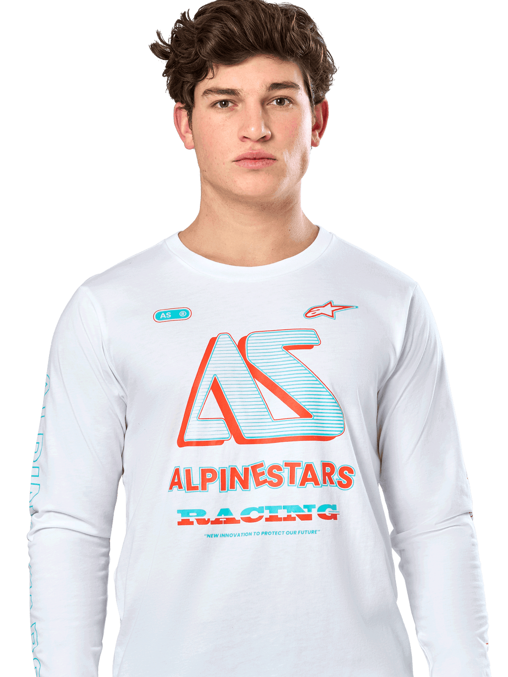 Alpinestars Ayess CSF Tee, t-shirt de manga comprida, branca, com gráfico 'AS' grande em azul-turquesa e laranja, texto "ALPINESTARS RACING", streetwear casual de desportos motorizados