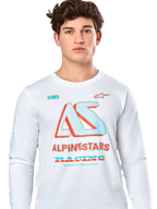 Alpinestars Ayess CSF Tee, t-shirt de manga comprida, branca, com gráfico 'AS' grande em azul-turquesa e laranja, texto "ALPINESTARS RACING", streetwear casual de desportos motorizados