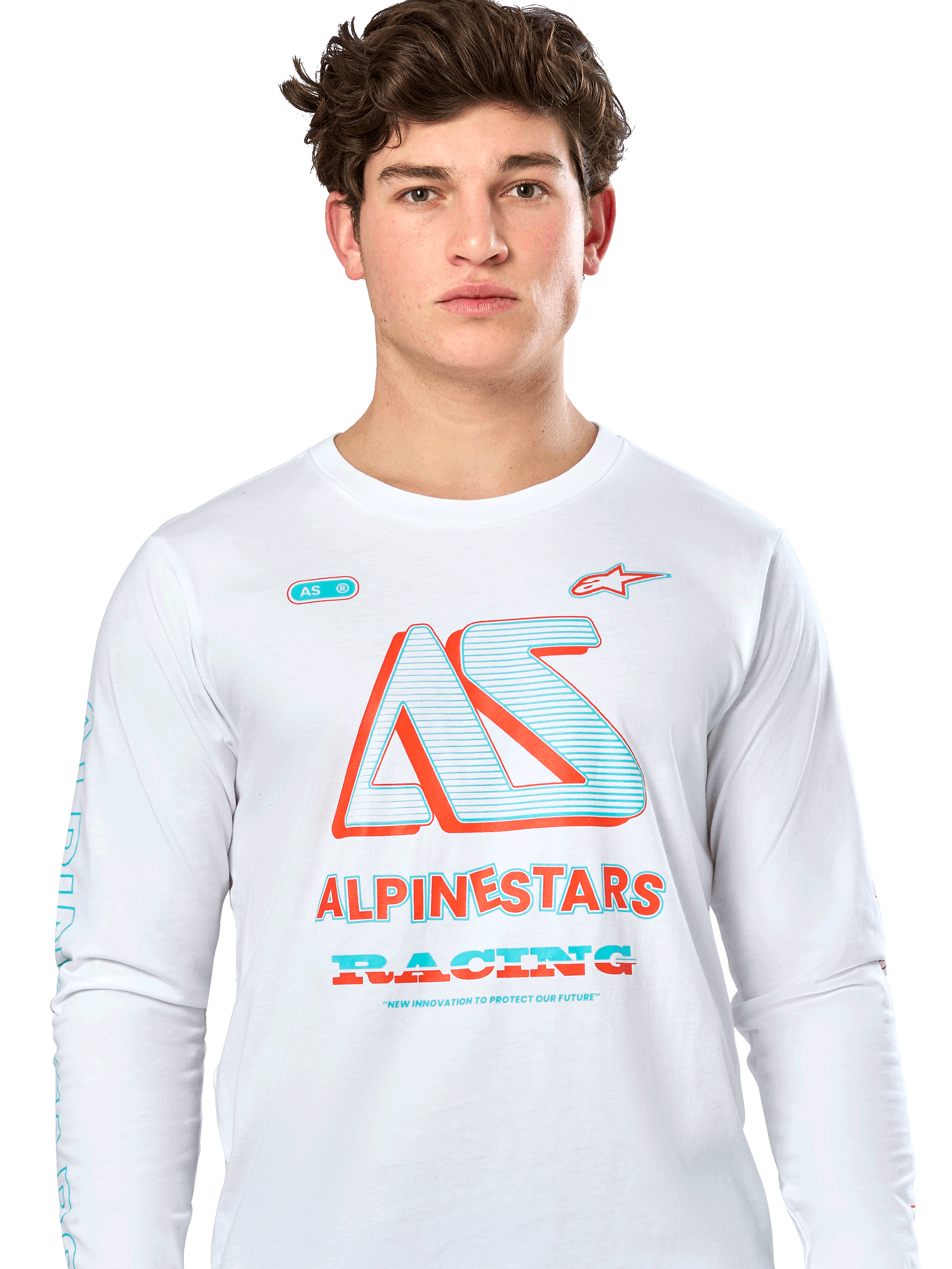 Alpinestars Ayess CSF Tee, t-shirt de manga comprida, branca, com gráfico 'AS' grande em azul-turquesa e laranja, texto "ALPINESTARS RACING", streetwear casual de desportos motorizados