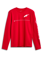 Alpinestars Committed CSF Tee, Long Sleeve T-Shirt, Red, White Astars chest logo and Alpinestars sleeve branding, casual motorsport-inspired design