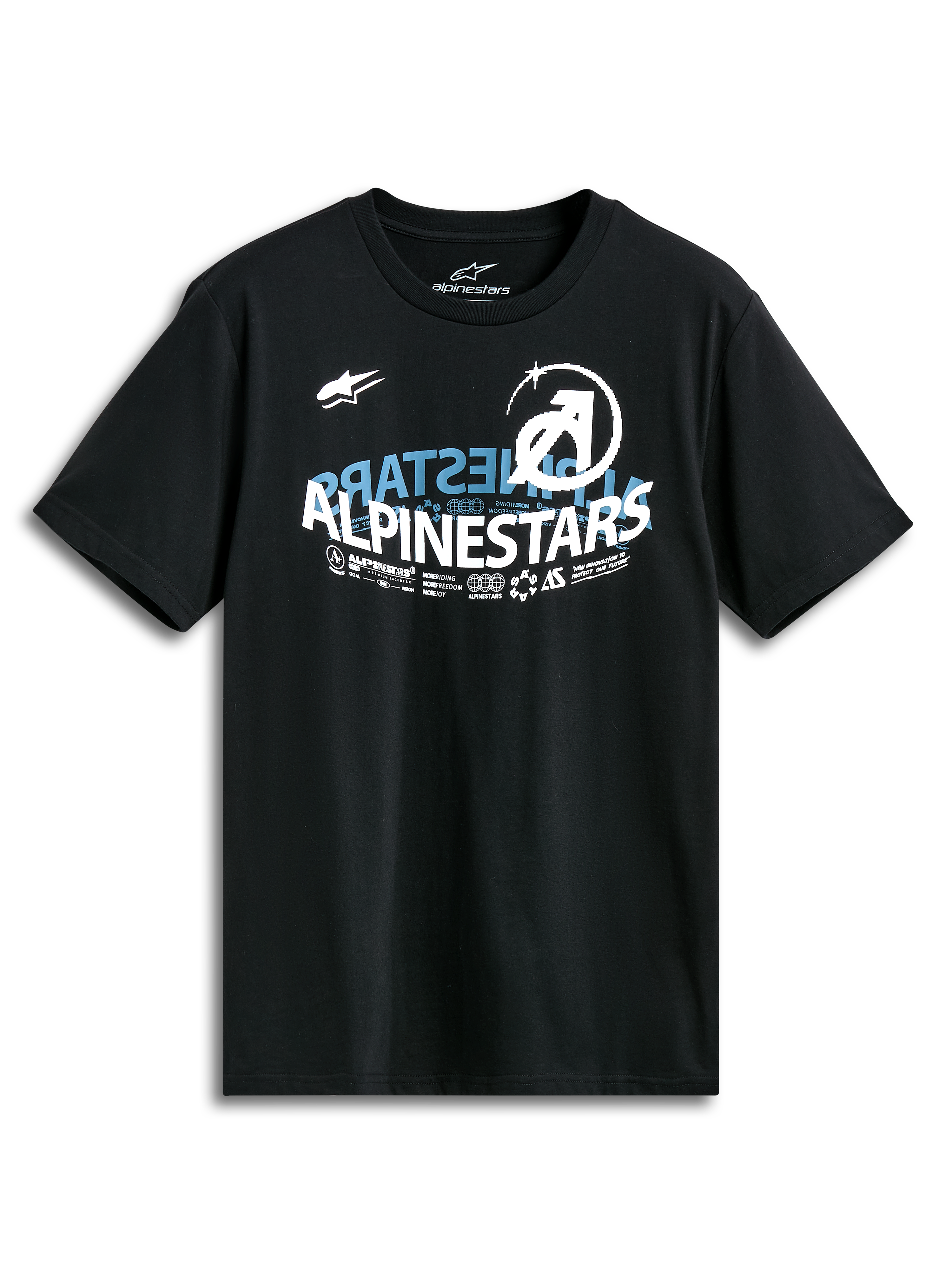 Alpinestars Semicircle Csf Tee, t-shirt de manga curta, preta, gráfico frontal curvo e semicircular da Alpinestars com detalhes em azul e branco, design casual inspirado no desporto motorizado