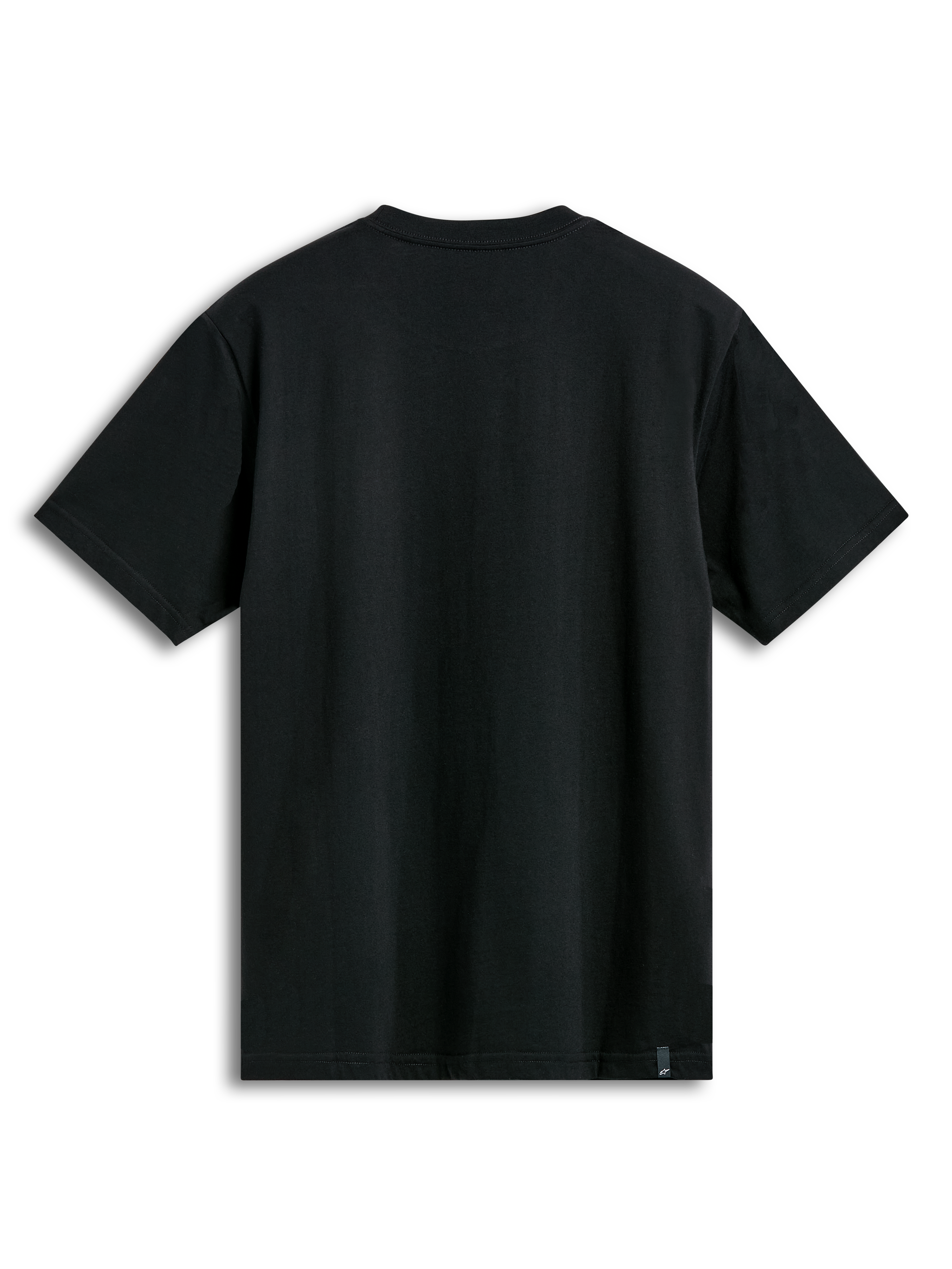 Alpinestars Semicircle CSF Tee, t-shirt de manga curta, preta, vista traseira mostrando tecido liso e pequena etiqueta da marca na bainha inferior, streetwear casual de desportos motorizados