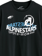 Alpinestars Semicircle CSF Tee, t-shirt de manga curta, preta, com um gráfico curvo Alpinestars em branco e azul, ícones técnicos e slogans, streetwear casual de desportos motorizados
