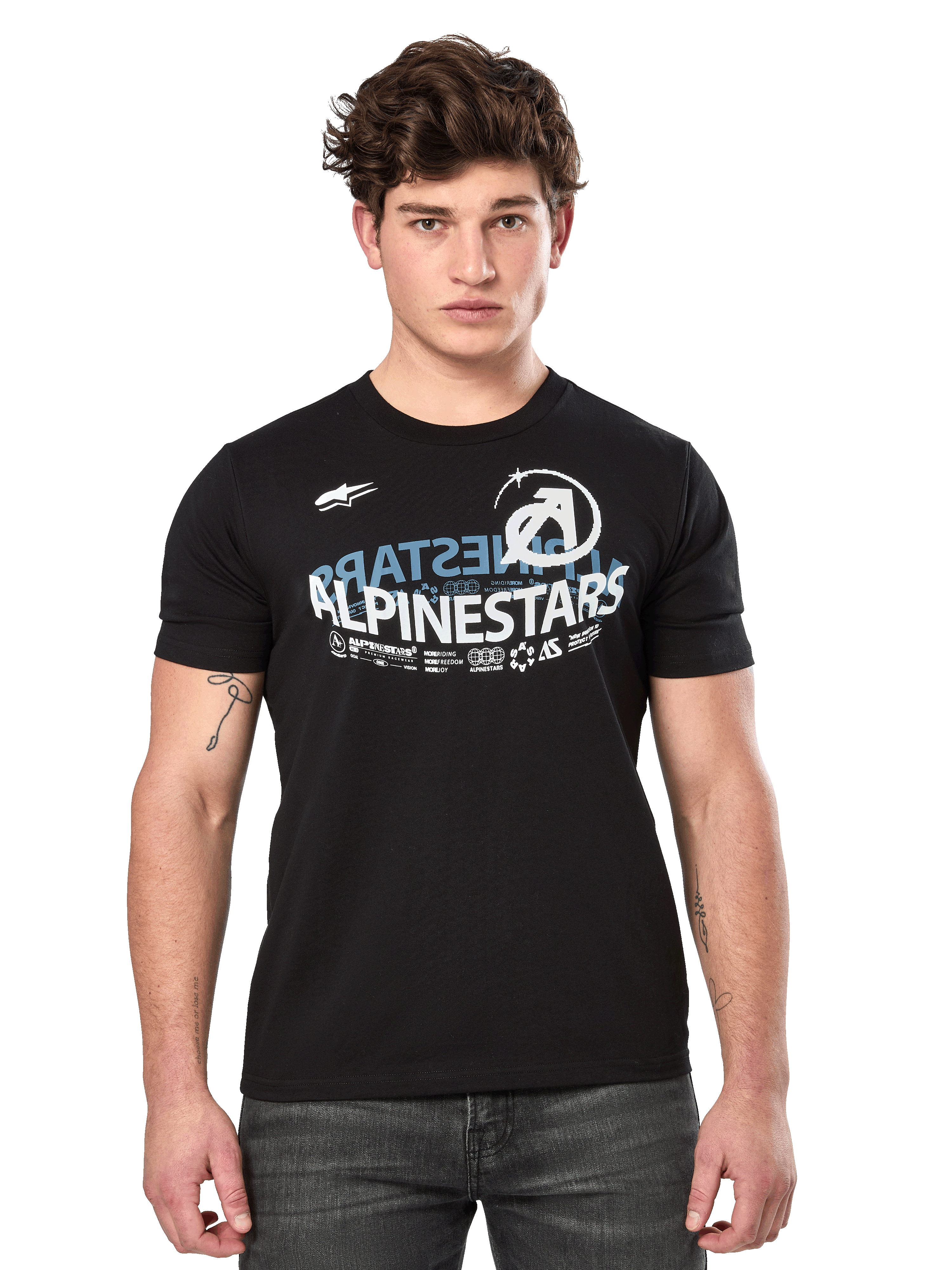 Alpinestars Semicircle CSF Tee, t-shirt de manga curta preta, gráfico curvo semicircular Alpinestars em branco e azul no peito, vestuário casual de motorsport